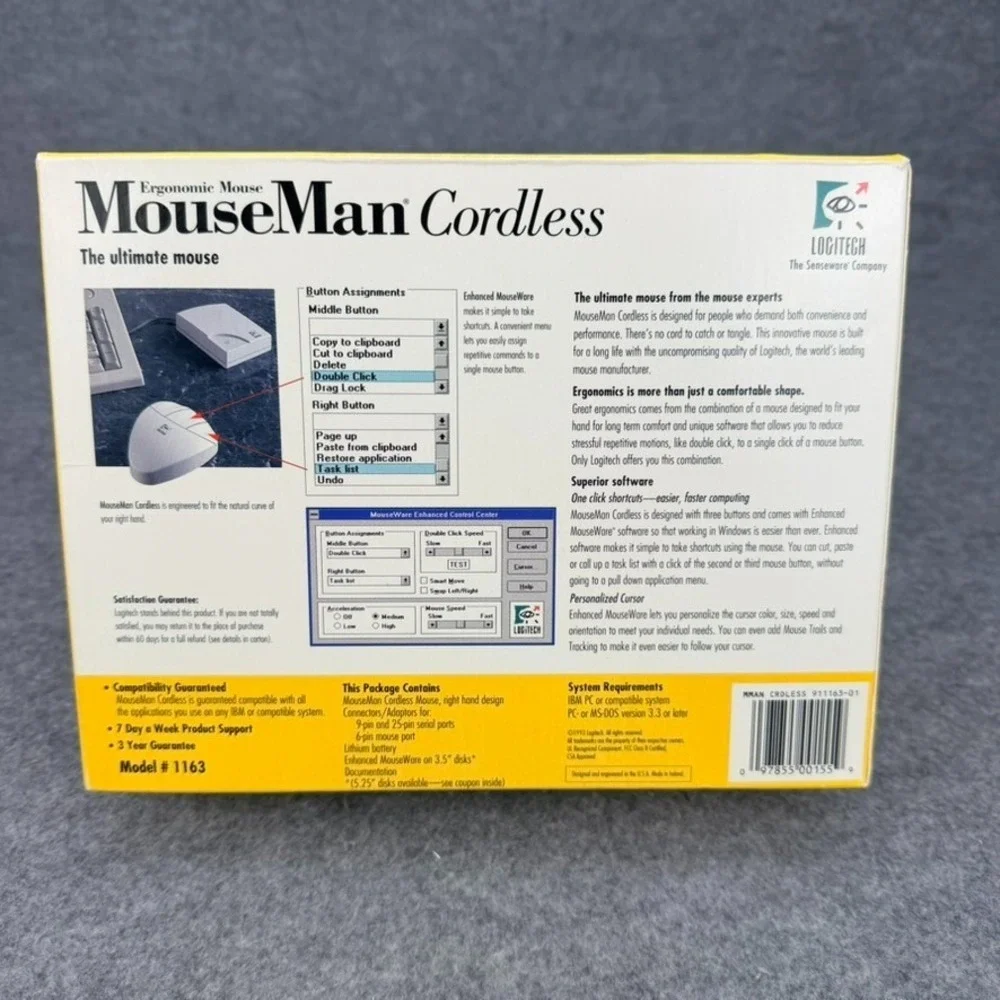 Vintage Logitech Model 1163 MouseMan Cordless Computer Mouse Complete